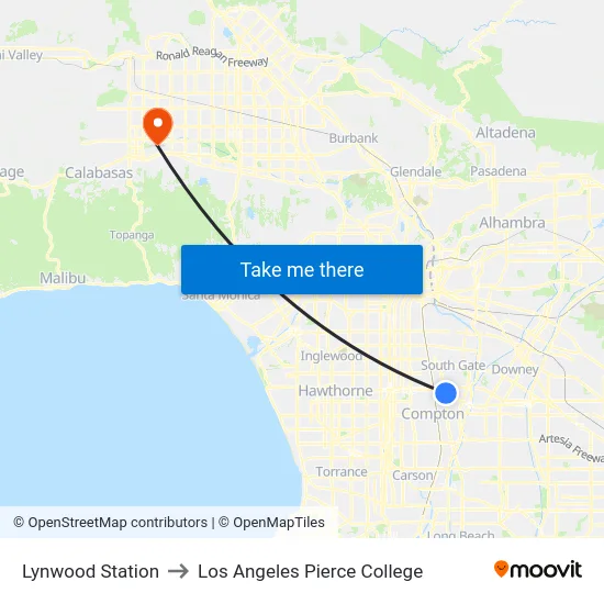 Lynwood Station to Los Angeles Pierce College map