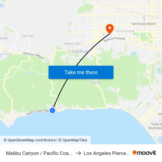 Malibu Canyon / Pacific Coast Highway to Los Angeles Pierce College map
