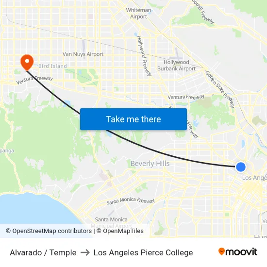 Alvarado / Temple to Los Angeles Pierce College map