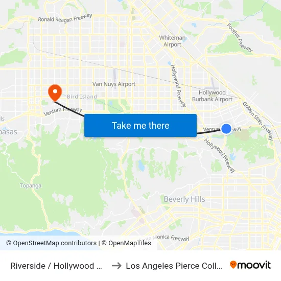 Riverside / Hollywood Way to Los Angeles Pierce College map