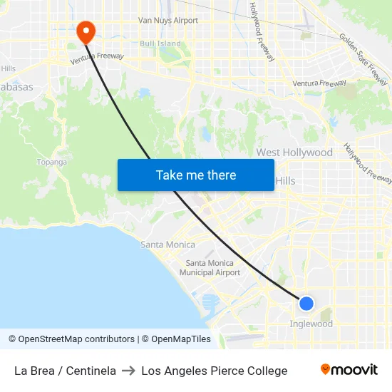 La Brea / Centinela to Los Angeles Pierce College map
