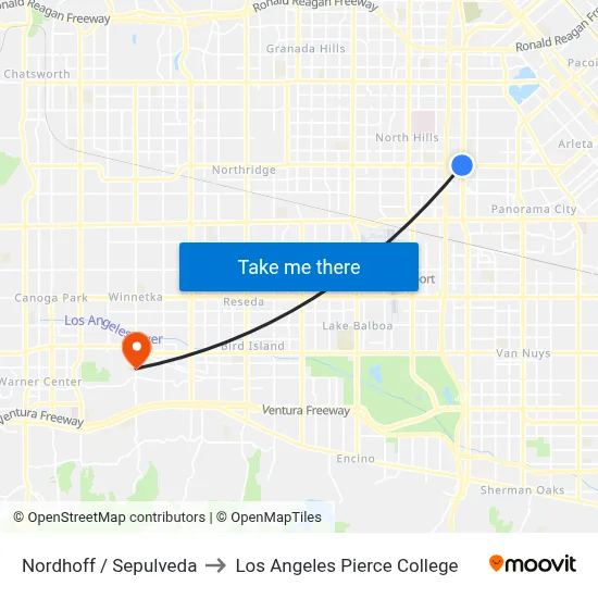 Nordhoff / Sepulveda to Los Angeles Pierce College map