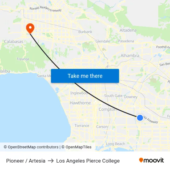 Pioneer / Artesia to Los Angeles Pierce College map