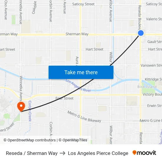 Reseda / Sherman Way to Los Angeles Pierce College map