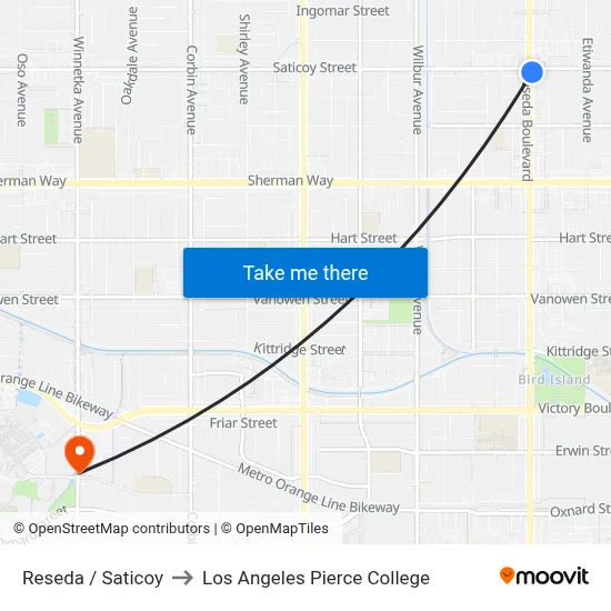 Reseda / Saticoy to Los Angeles Pierce College map