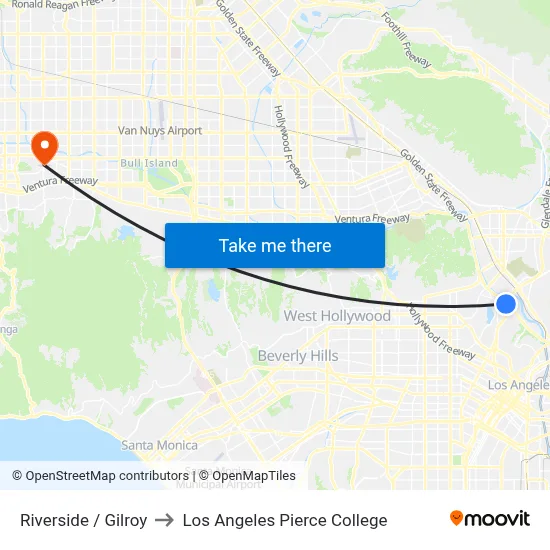 Riverside / Gilroy to Los Angeles Pierce College map