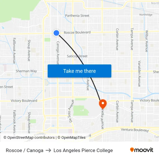 Roscoe / Canoga to Los Angeles Pierce College map