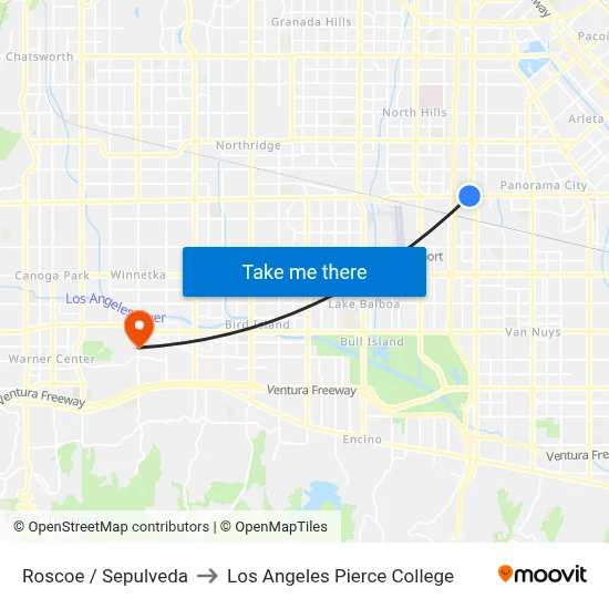 Roscoe / Sepulveda to Los Angeles Pierce College map