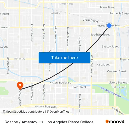 Roscoe / Amestoy to Los Angeles Pierce College map