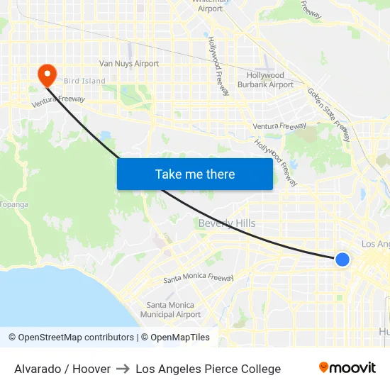 Alvarado / Hoover to Los Angeles Pierce College map