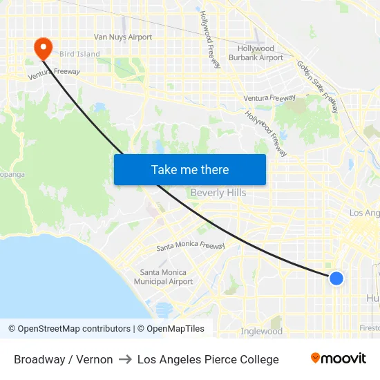 Broadway / Vernon to Los Angeles Pierce College map