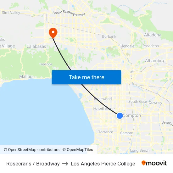 Rosecrans / Broadway to Los Angeles Pierce College map