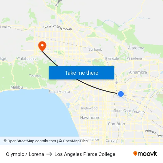 Olympic / Lorena to Los Angeles Pierce College map