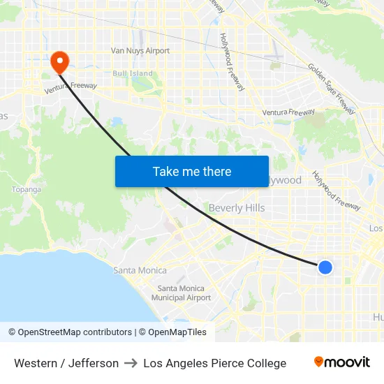 Western / Jefferson to Los Angeles Pierce College map