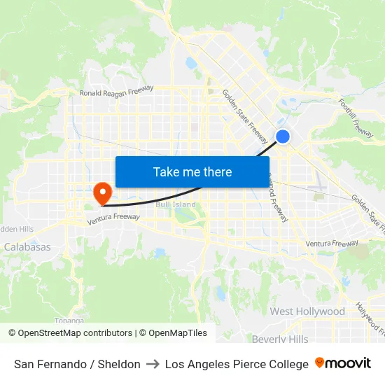 San Fernando / Sheldon to Los Angeles Pierce College map