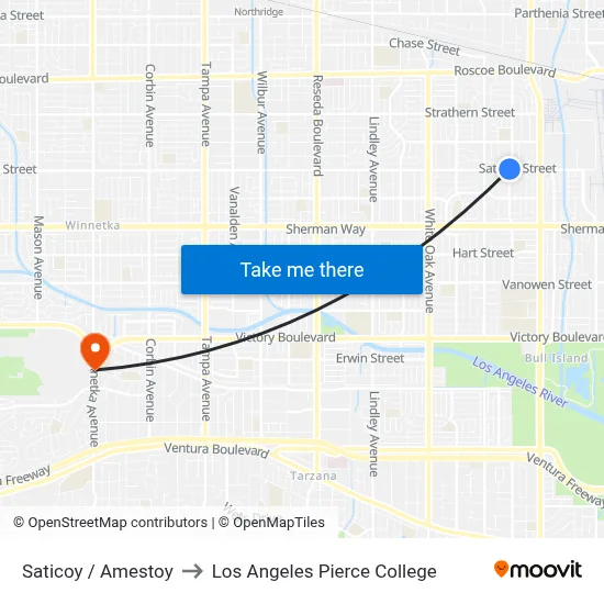 Saticoy / Amestoy to Los Angeles Pierce College map