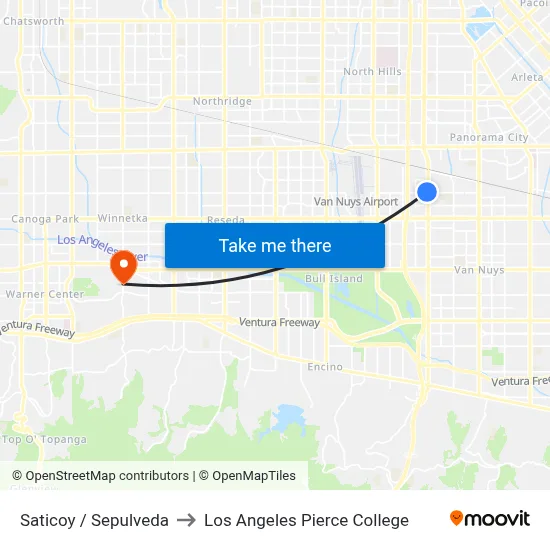 Saticoy / Sepulveda to Los Angeles Pierce College map