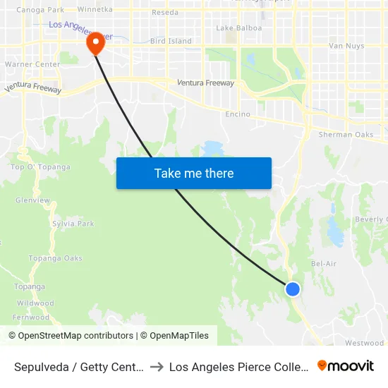 Sepulveda / Getty Center to Los Angeles Pierce College map