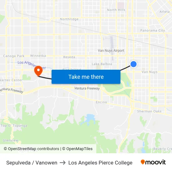 Sepulveda / Vanowen to Los Angeles Pierce College map