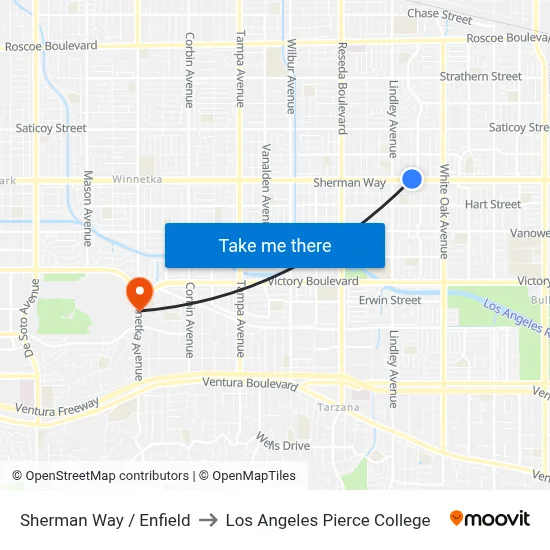 Sherman Way / Enfield to Los Angeles Pierce College map