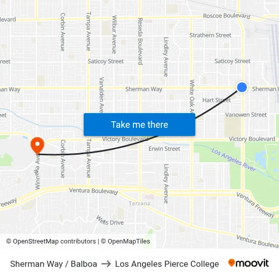 Sherman Way / Balboa to Los Angeles Pierce College map