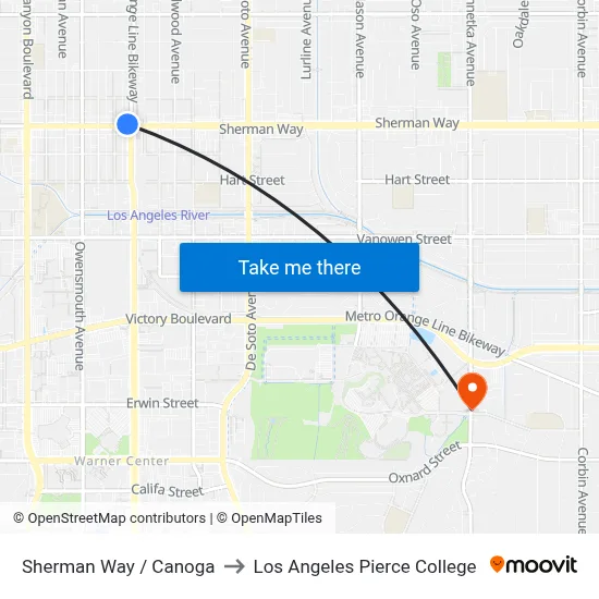 Sherman Way / Canoga to Los Angeles Pierce College map