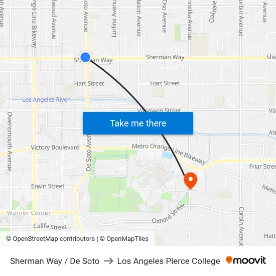 Sherman Way / De Soto to Los Angeles Pierce College map