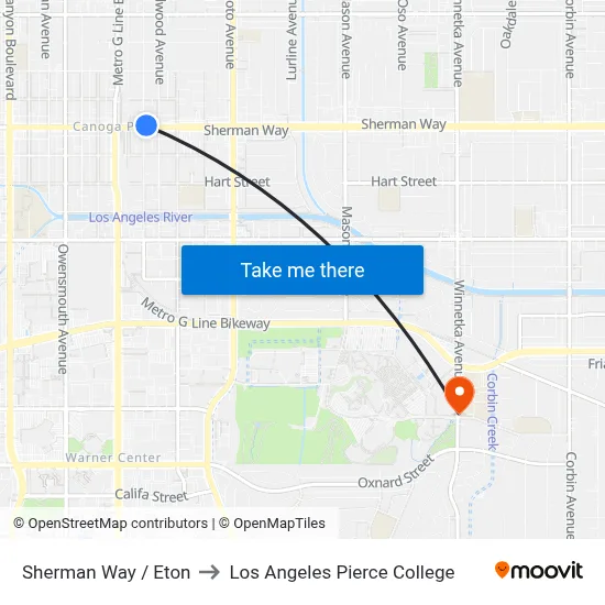 Sherman Way / Eton to Los Angeles Pierce College map