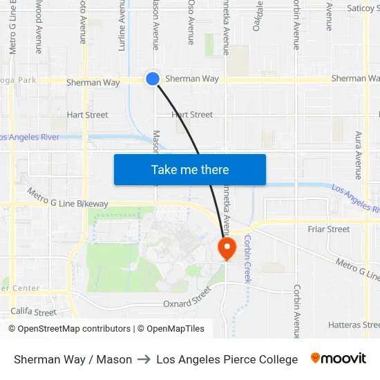 Sherman Way / Mason to Los Angeles Pierce College map