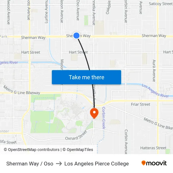 Sherman Way / Oso to Los Angeles Pierce College map
