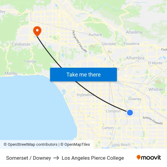 Somerset / Downey to Los Angeles Pierce College map