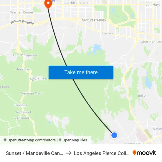 Sunset / Mandeville Canyon to Los Angeles Pierce College map