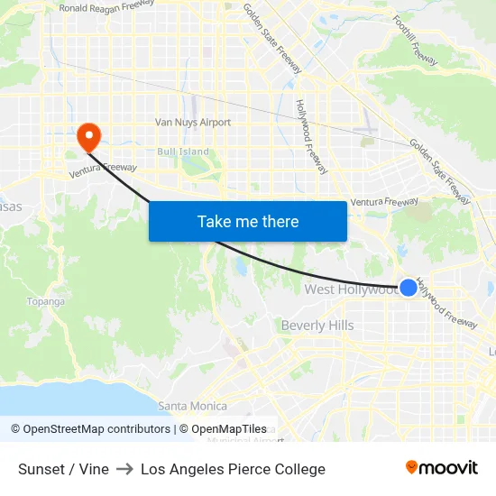 Sunset / Vine to Los Angeles Pierce College map