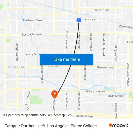 Tampa / Parthenia to Los Angeles Pierce College map