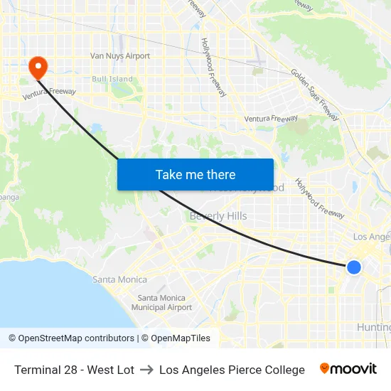 Terminal 28 - West Lot to Los Angeles Pierce College map