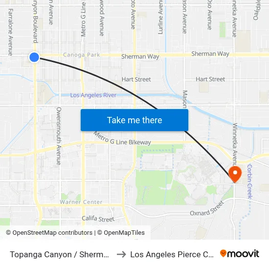 Topanga Canyon / Sherman Way to Los Angeles Pierce College map