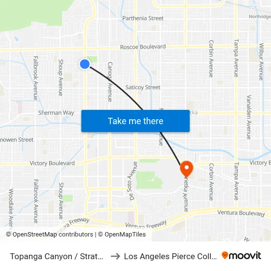 Topanga Canyon / Strathern to Los Angeles Pierce College map