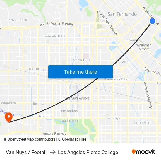 Van Nuys / Foothill to Los Angeles Pierce College map