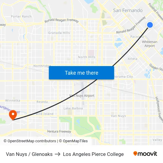Van Nuys / Glenoaks to Los Angeles Pierce College map