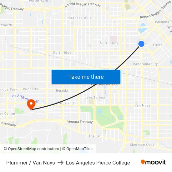 Plummer / Van Nuys to Los Angeles Pierce College map