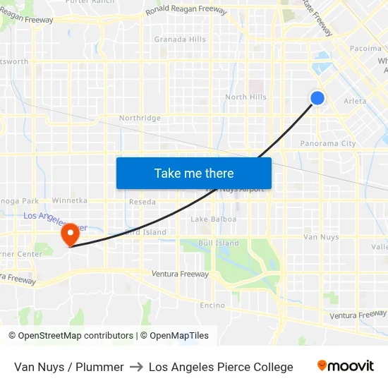 Van Nuys / Plummer to Los Angeles Pierce College map