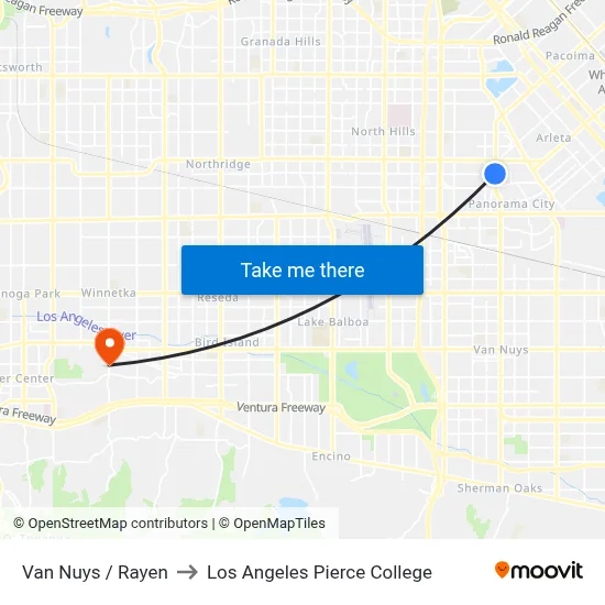 Van Nuys / Rayen to Los Angeles Pierce College map