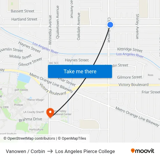 Vanowen / Corbin to Los Angeles Pierce College map
