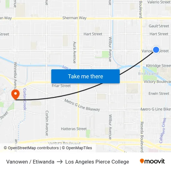 Vanowen / Etiwanda to Los Angeles Pierce College map