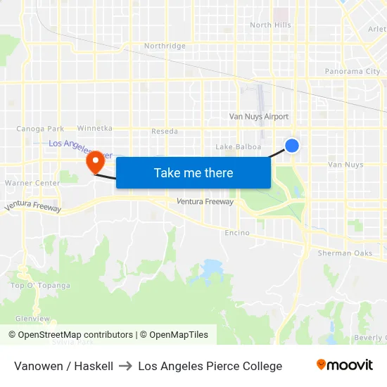Vanowen / Haskell to Los Angeles Pierce College map