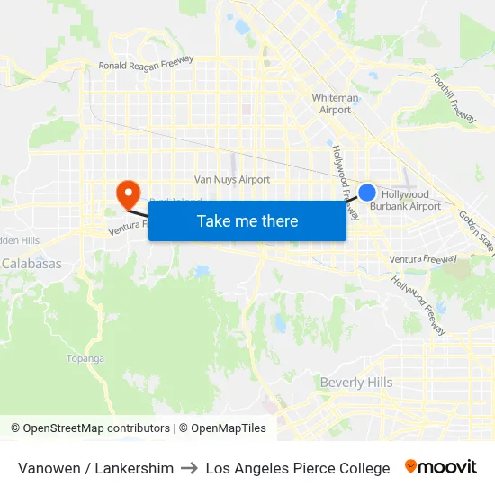 Vanowen / Lankershim to Los Angeles Pierce College map