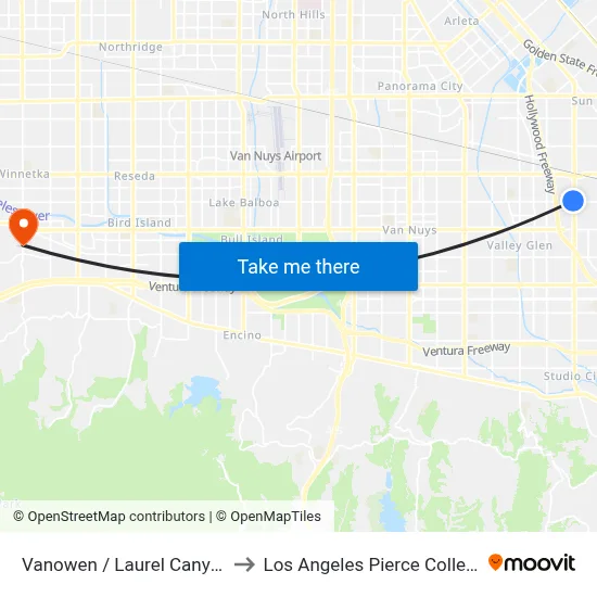 Vanowen / Laurel Canyon to Los Angeles Pierce College map