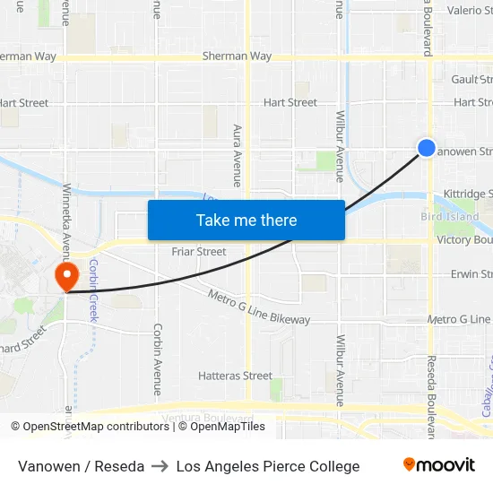 Vanowen / Reseda to Los Angeles Pierce College map