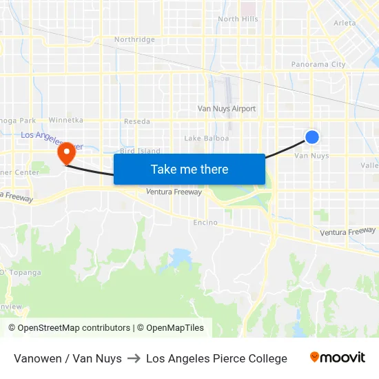 Vanowen / Van Nuys to Los Angeles Pierce College map