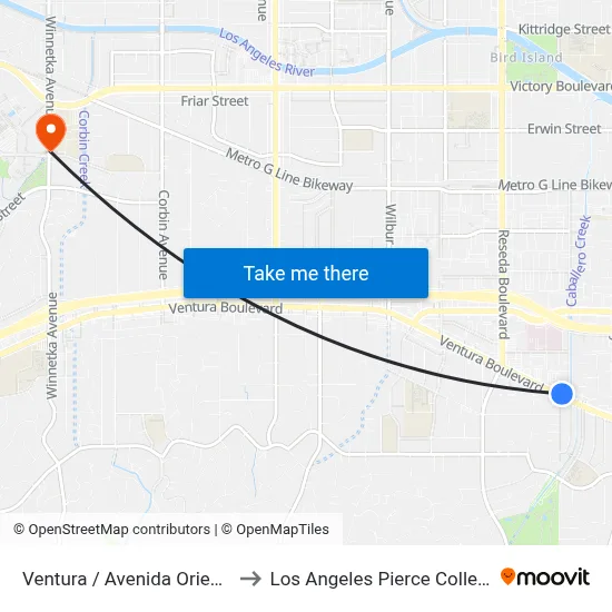 Ventura / Avenida Oriente to Los Angeles Pierce College map